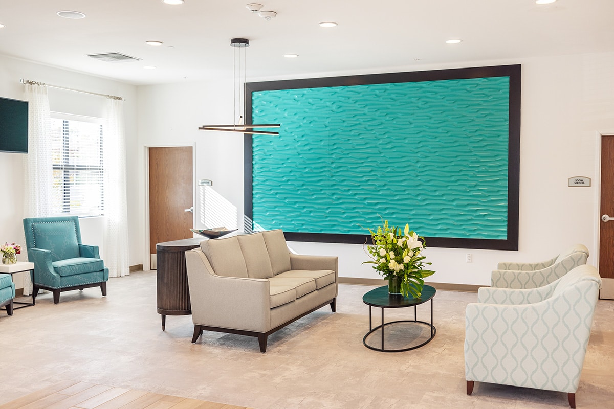 The front lobby and soft seating of the Pacific Villas facility